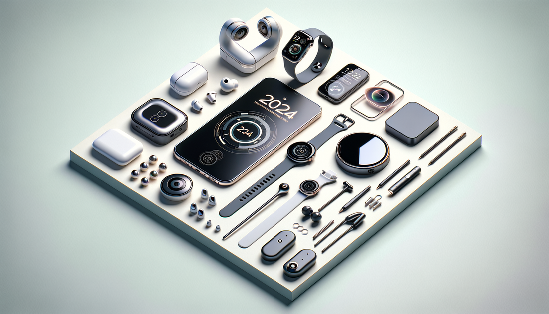 modern flat lay of electronics, fashion item, and home gadget on bright surface