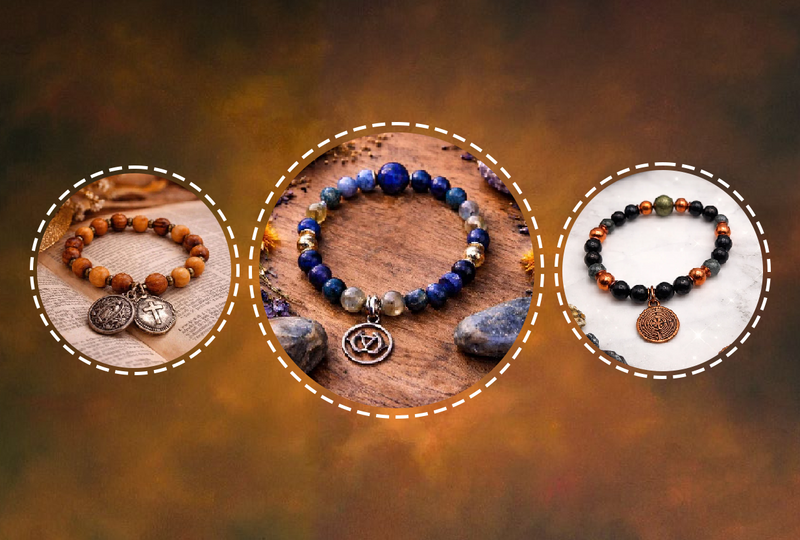Three spiritual gemstone bracelets with metallic charms on rustic backgrounds