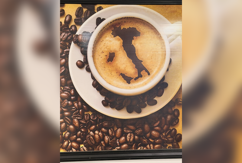 Cup of coffee with Italy-shaped foam, surrounded by coffee beans
