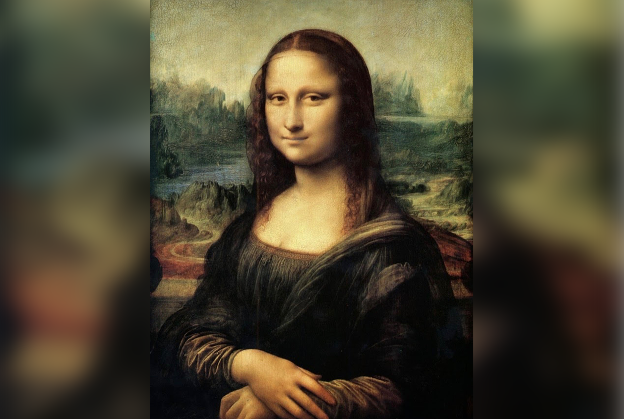 Classic Renaissance-style portrait of a woman with a serene expression, dark dress, soft landscape background