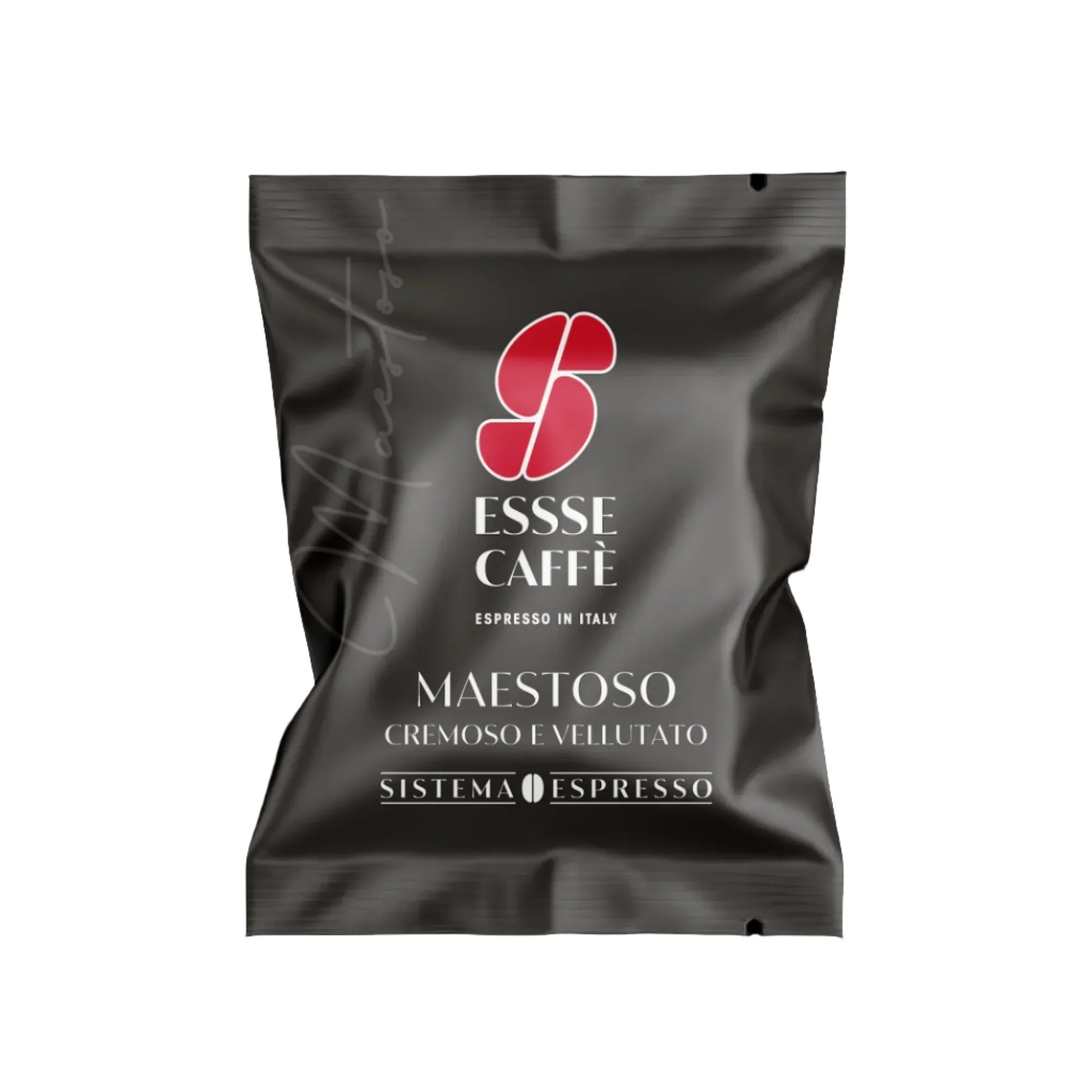 Italian espresso coffee pod in black packaging, Esse Caffè Maestoso blend.