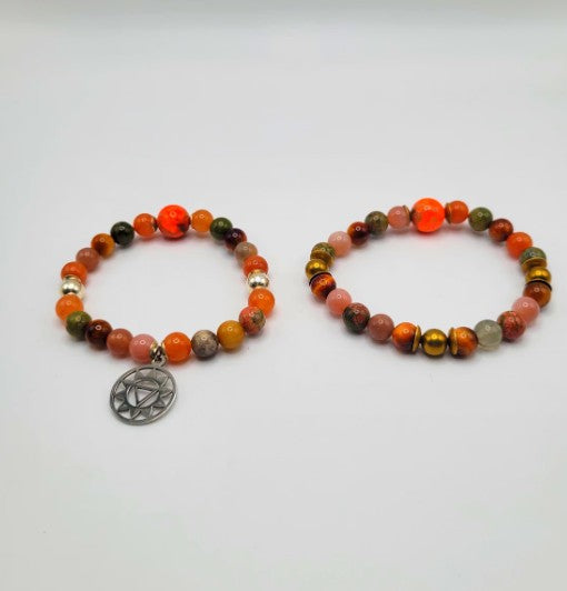 Sacral Chakra bracelet featuring AAA brown moonstone, imperial jasper, orange moonstone, and sterling silver beads.