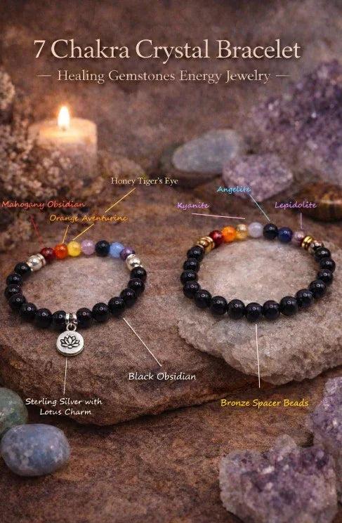 7 chakra crystal bracelets with gemstone beads, lotus charm, and black obsidian on rustic stone.