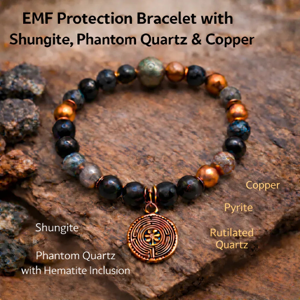EMF protection bracelet with shungite, phantom quartz, copper and pendant on rustic wood