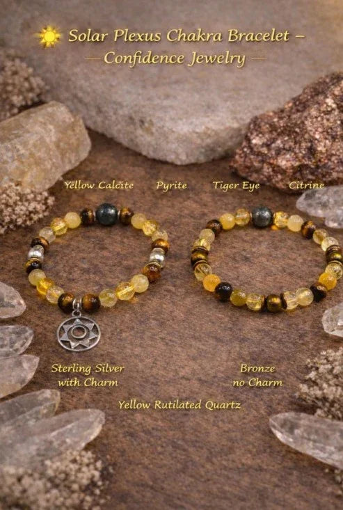 Solar Plexus Chakra bracelets made of yellow calcite, pyrite, tiger eye, citrine, rutilated quartz, with sterling silver and bronze charms, displayed on a natural stone background.