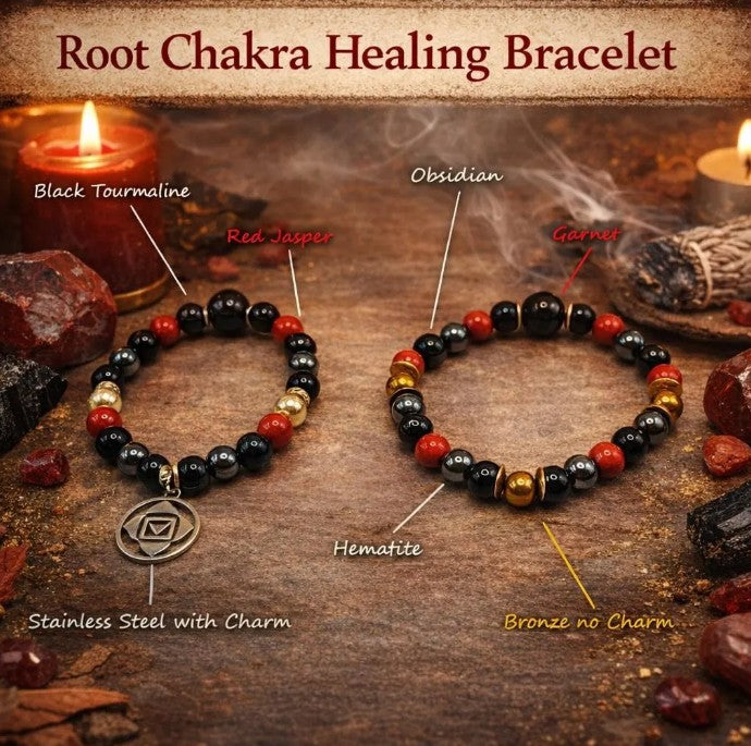 Black tourmaline, obsidian, garnet, and sterling silver root chakra healing bracelet with grounding crystals.