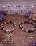 Crown chakra beaded bracelets with purple, white, and gold gemstones, silver charm option