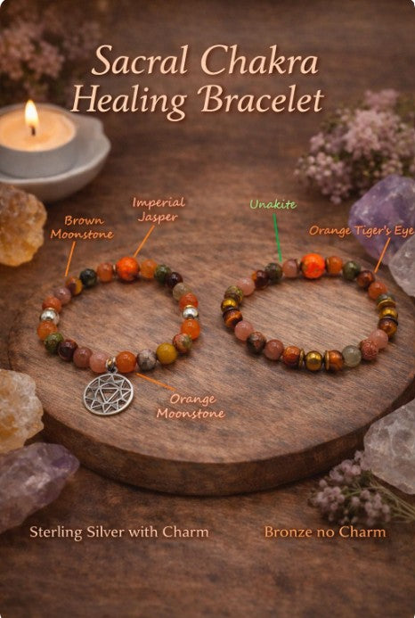 Sacral chakra bracelet featuring AAA brown moonstone, imperial jasper, orange moonstone, and sterling silver beads.