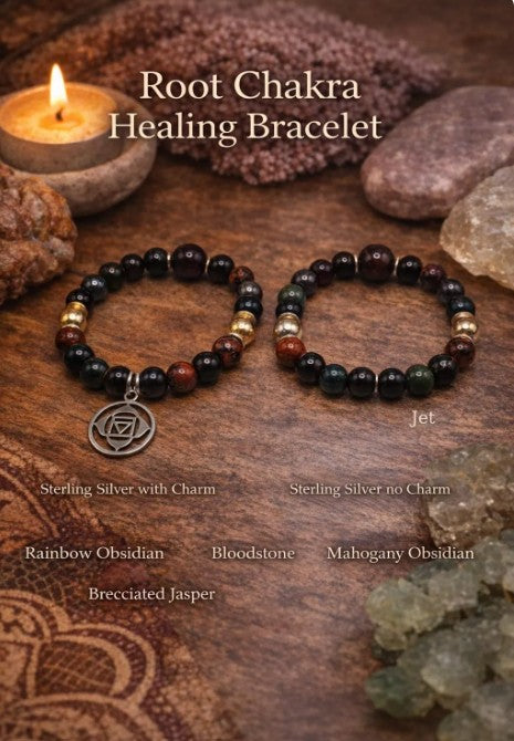 Root chakra bracelet with grounding rainbow obsidian, blood stone, and jet beads, healing energy jewelry for balance and grounding.