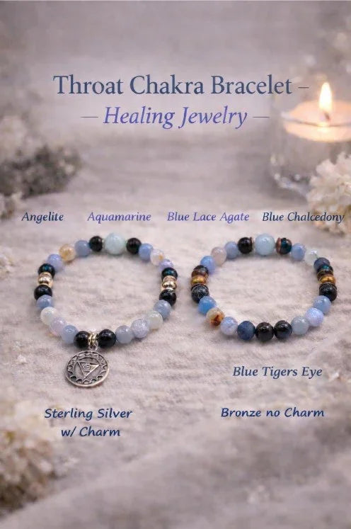 Throat chakra healing bracelets with blue gemstones, one with sterling silver charm, one bronze