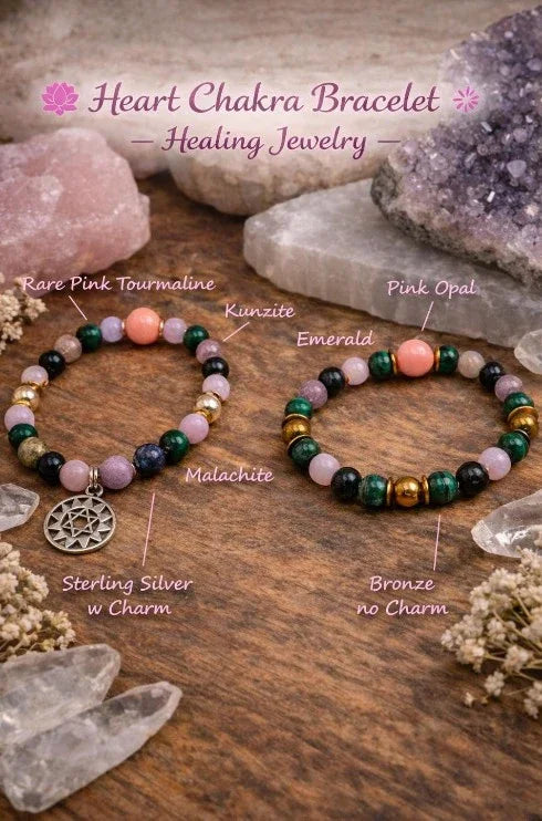 Heart chakra bracelets with pink tourmaline, kunzite, emerald, malachite, pink opal beads, and charms displayed on a wooden surface with healing crystals.