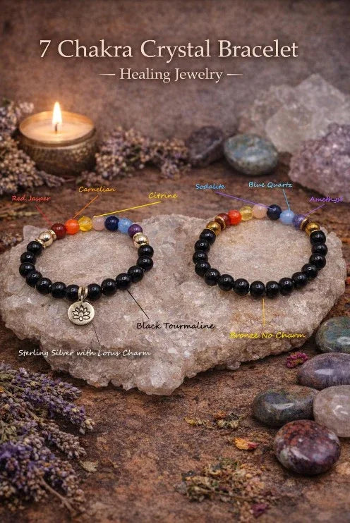7 chakra crystal bracelets featuring colorful gemstones and black tourmaline on a stone slab, with one bracelet displaying a lotus charm, healing jewelry for wellness.