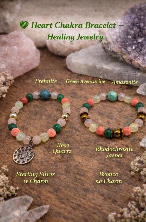 Two heart chakra healing bracelets made of rose quartz, aventurine, prehnite, amazonite, rhodochrosite, jasper beads; one with a sterling silver charm, one bronze without charm, displayed on a wooden surface with crystals.