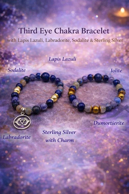 Two Third Eye chakra bracelets with lapis lazuli, sodalite, labradorite, dumortierite, iolite, and sterling silver beads on a purple background.