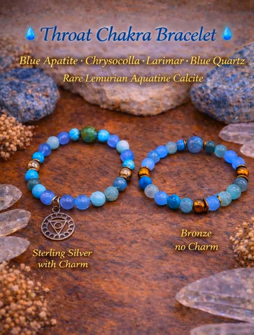 Throat chakra bracelets with blue gemstones, one sterling silver with charm, one bronze no charm.