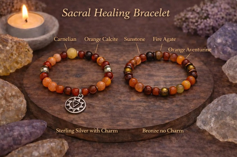 Silver sacral chakra bracelet with orange carnelian, fire agate, and sunstone beads, featuring a healing energy jewelry design.