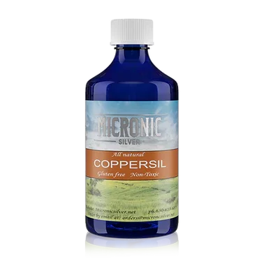 Blue bottle labeled Micronic Silver Coppersil, all natural gluten free non-toxic supplement