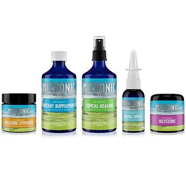 Five Micronic Silver health products including dietary supplement, topical healing, nasal spray and creams in blue and clear containers.