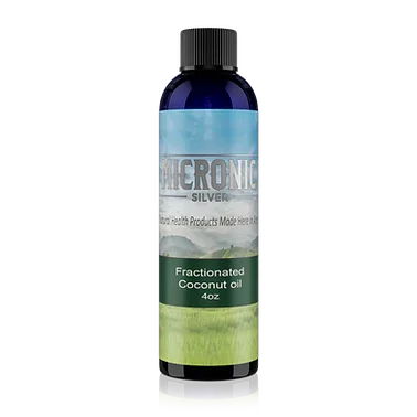 4oz bottle of fractionated coconut oil for wellness, with green landscape label design