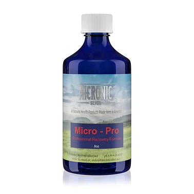 Blue glass bottle labeled Micro-Pro Professional Recovery Formula, health wellness supplement
