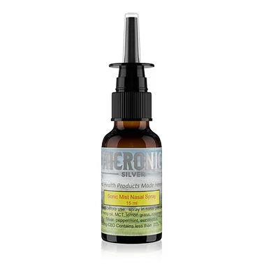 Sonic Mist Nasal Spray bottle with dropper, health and wellness product on white background