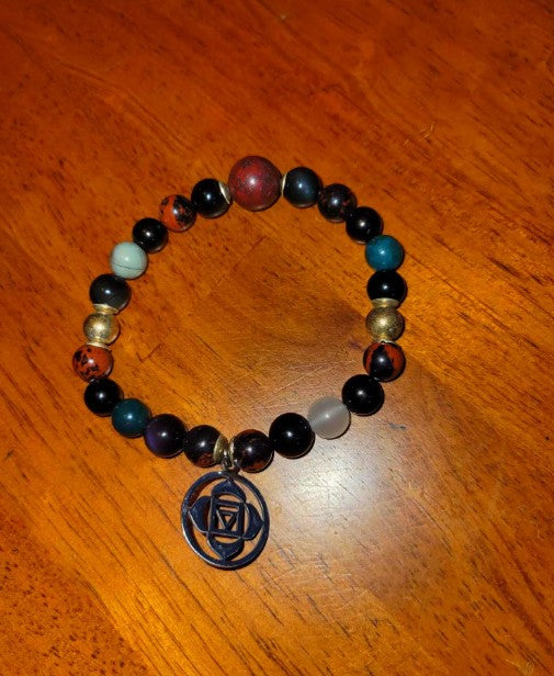Root chakra bracelet with rainbow obsidian, blood stone, and jet beads, grounding healing energy jewelry for women.
