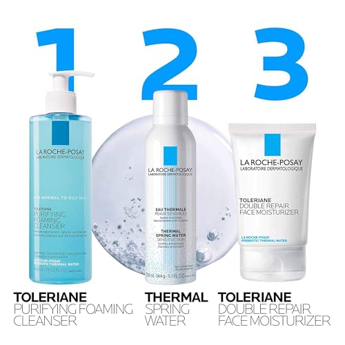 La Roche-Posay Toleriane Purifying Foaming Facial Cleanser in a pump bottle, oil-free face wash with niacinamide and ceramides for sensitive skin.