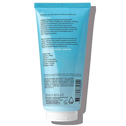 La Roche-Posay Toleriane purifying foaming facial cleanser with niacinamide and ceramides, soap-free, suitable for sensitive skin.