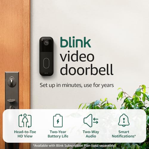 Old World Hub Blink Video Doorbell in black showing head-to-toe HD view, battery compartment, and sleek design.