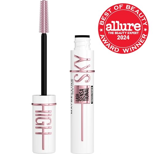 Maybelline Lash Sensational Sky High washable mascara showing black volumizing and lengthening mascara on a model's eyelashes.