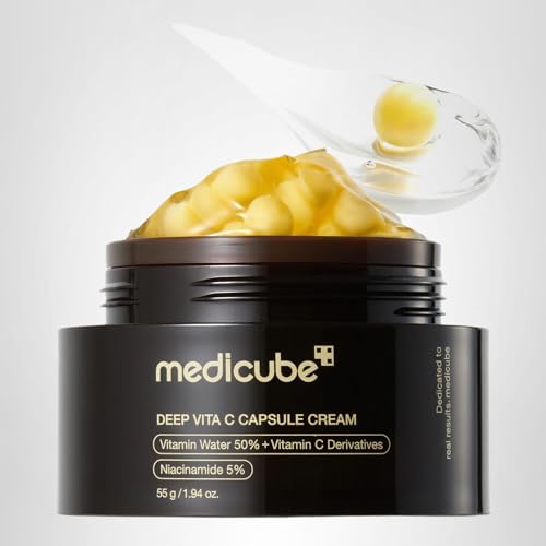 Old World Hub Medicube Capsule Cream with Deep Vitamin C, golden liposome capsules for radiant, firm, and hydrated skin.