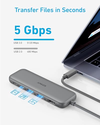 Anker 5-in-1 USB C Hub with HDMI 4K port, USB-C and USB-A data ports on green compact device for MacBook, Dell, Lenovo, HP laptops