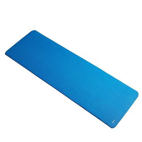 Old World Hub Amazon Basics extra thick yoga mat with carrying strap, showing textured surface and rolled-up design for exercise.