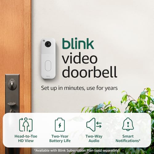 Old World Hub Blink Video Doorbell in black showing front view with HD camera and sleek design, two-year battery life, and simple setup.