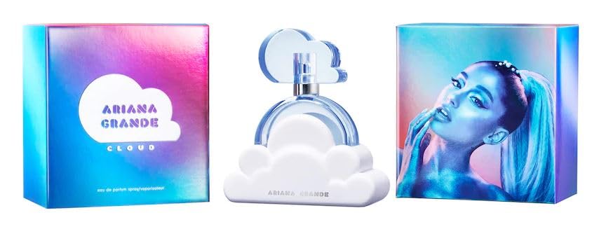Ariana Grande Cloud Eau de Parfum bottle with lavender, coconut, vanilla, and pear notes, designed for women, warm gourmand fragrance.