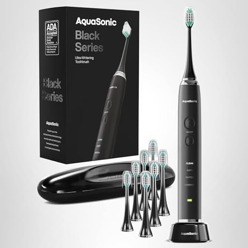 Old World Hub Aquasonic Black Series electric toothbrush with 8 brush heads, travel case, 40,000 VPM motor, and four cleaning modes.