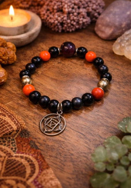 Root chakra healing bracelet with black tourmaline, obsidian, garnet, and sterling silver grounding crystals.