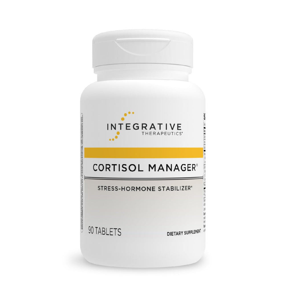Integrative Therapeutics Cortisol Manager supplement tablets with ashwagandha and L-theanine for stress support and relaxation.