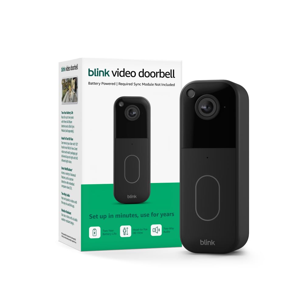 Old World Hub Blink Video Doorbell in black showing HD camera view, sleek design, and installation components.