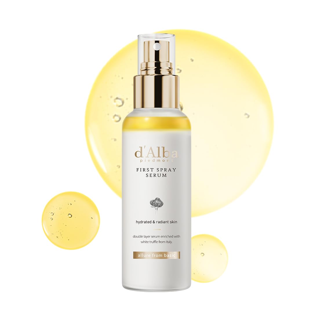 D'alba Piedmont Italian White Truffle serum in a clear spray bottle, lightweight vegan moisturizer for radiant, glowing skin.