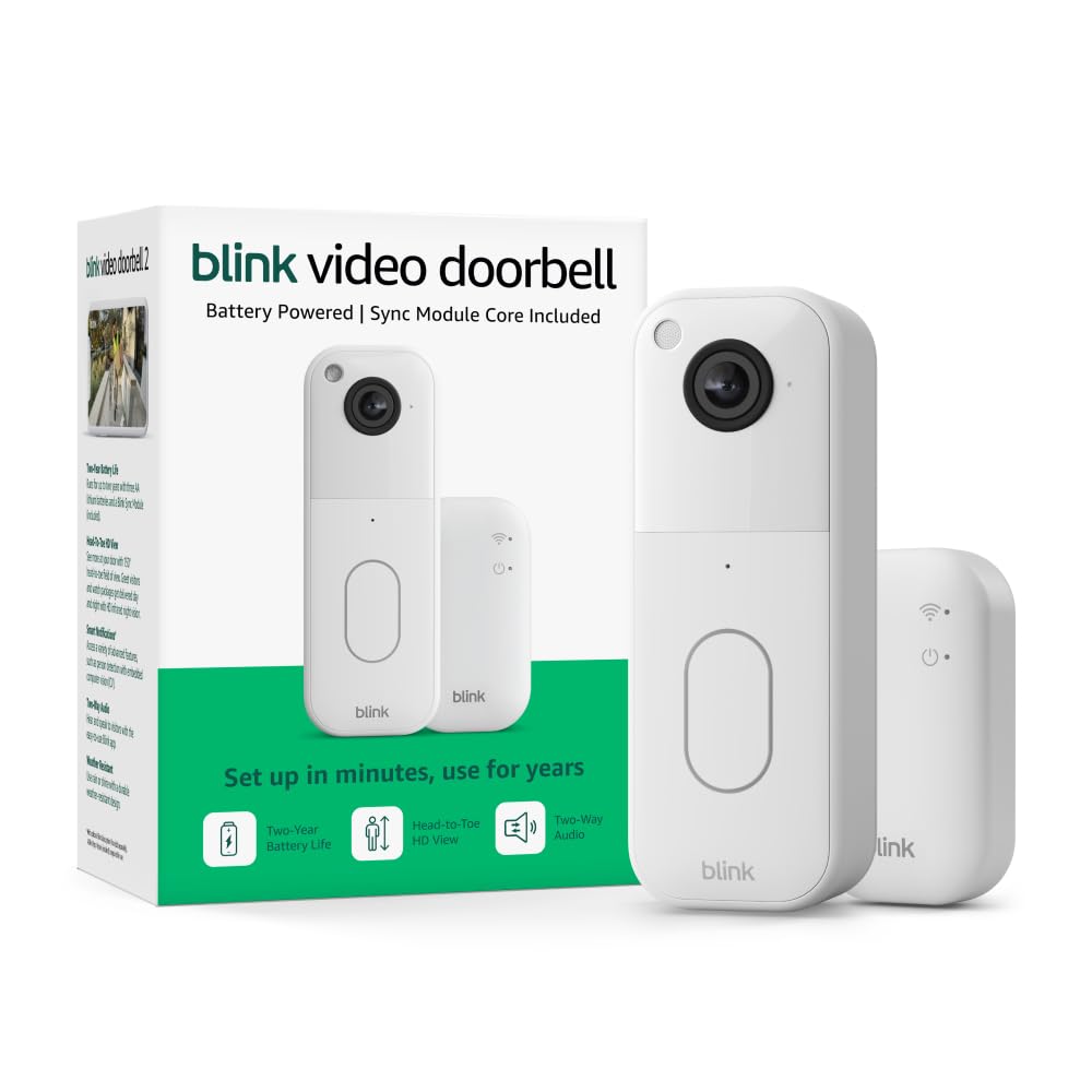 Old World Hub Blink Video Doorbell in black showing head-to-toe HD view with sleek design and easy installation.