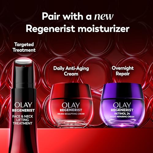 Olay Regenerist neck and face roller with cooling, fragrance-free design, used for tightening, firming, and anti-aging skincare.
