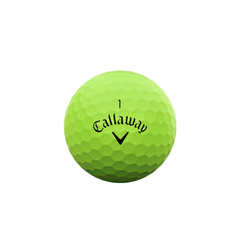 Callaway Supersoft golf balls for 2025 featuring a bright yellow design, displayed on a golf course background.