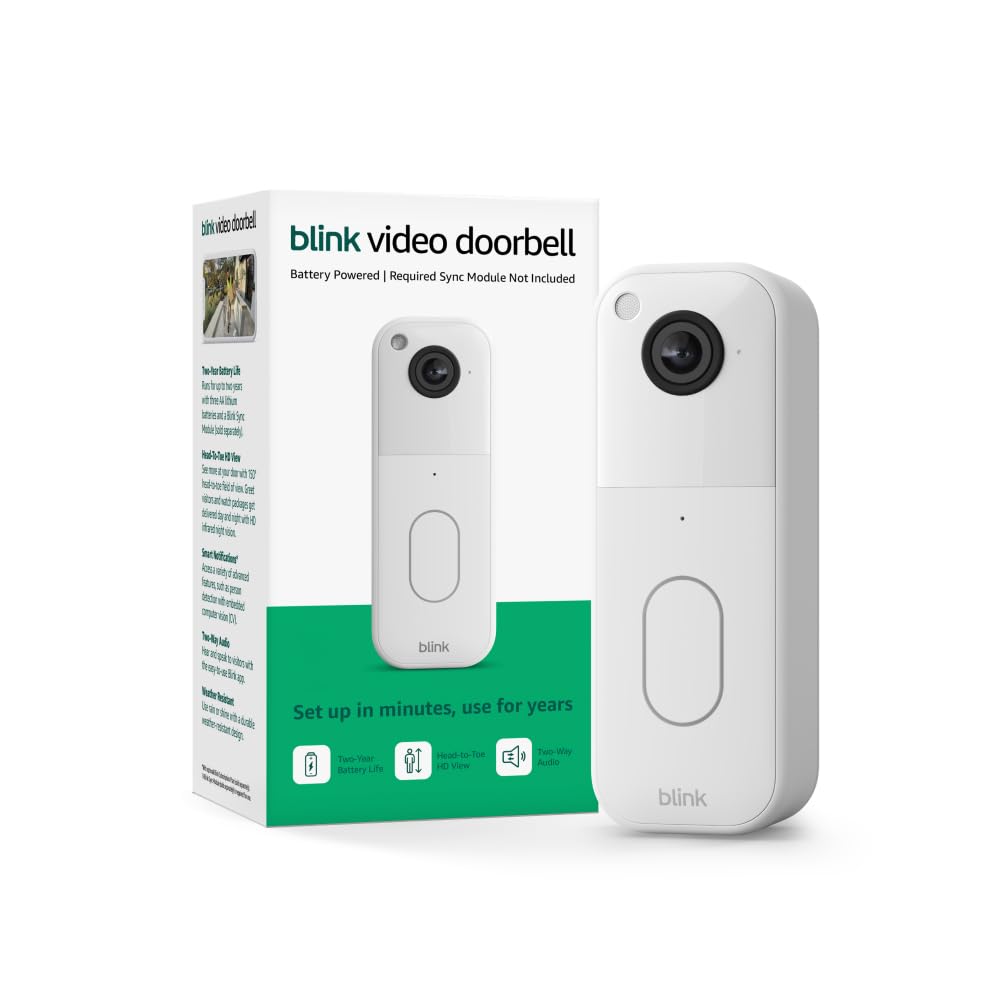 Old World Hub Blink Video Doorbell in black showing head-to-toe HD view and sleek design with two-year battery life.