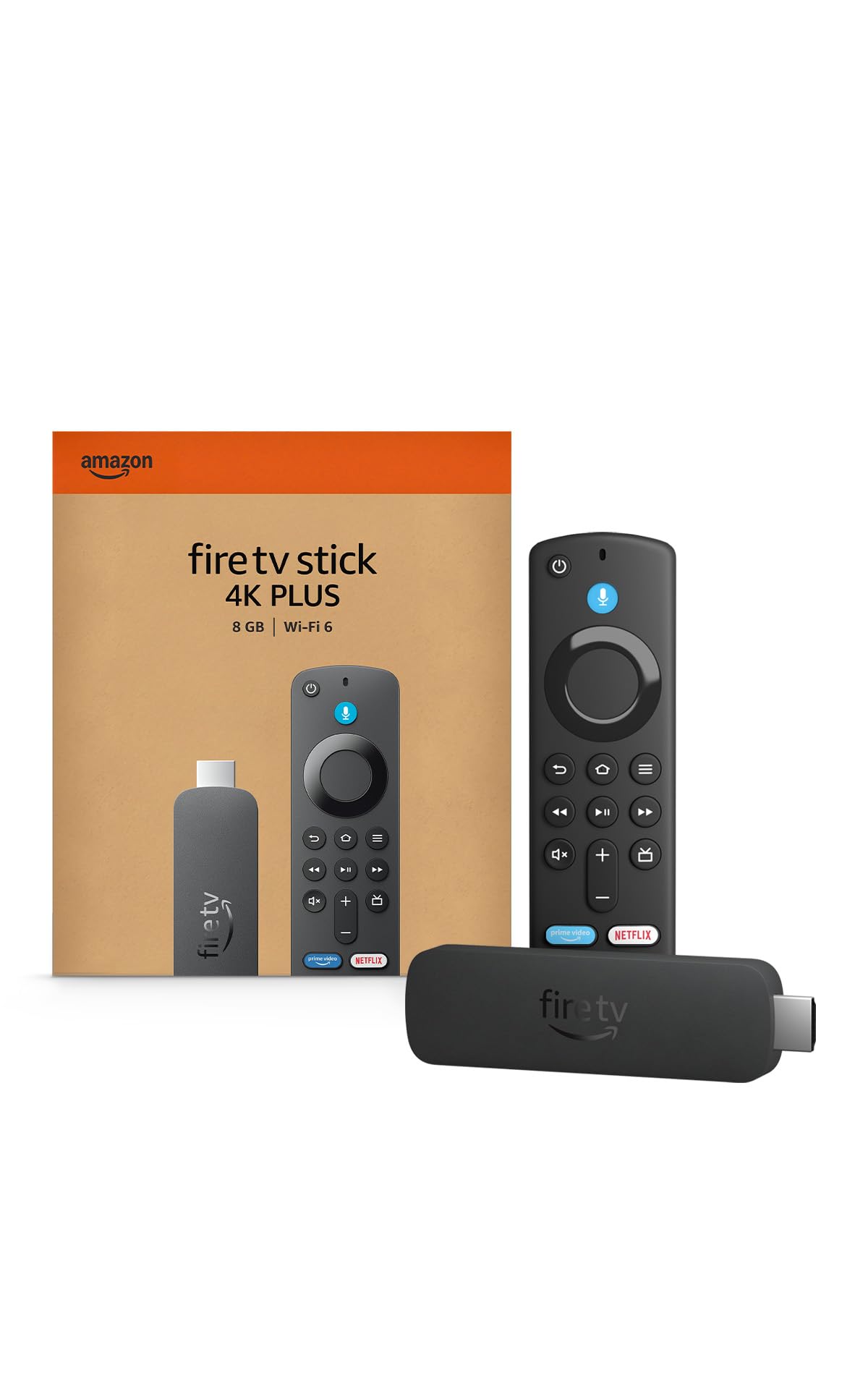 Amazon Fire TV Stick 4K Plus with AI-powered Fire TV Search, Wi-Fi 6, and Alexa+ for streaming movies, shows, and live TV.
