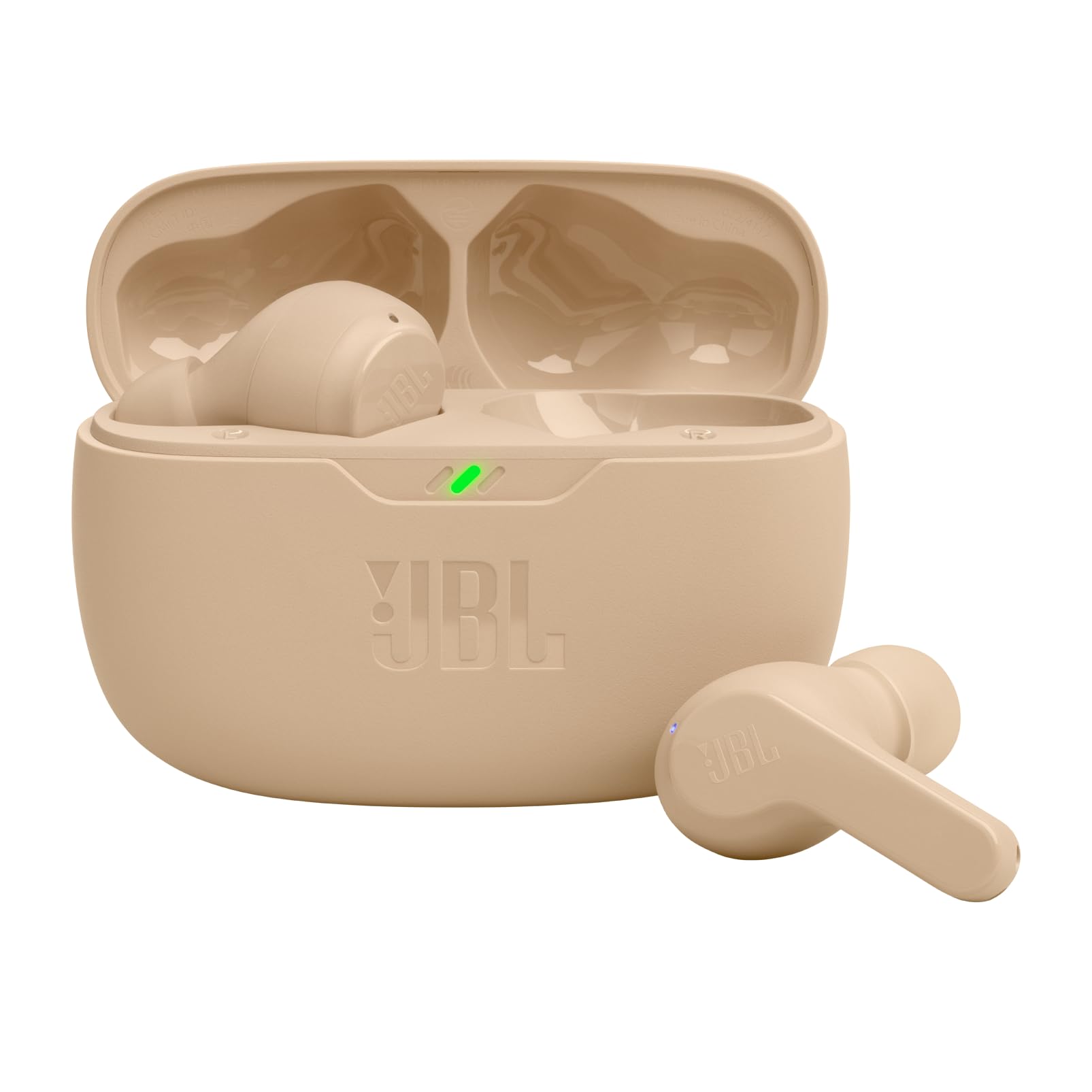 Black JBL Vibe Beam true wireless earbuds with charging case, featuring deep bass, Bluetooth 5.2, and water-resistant design.