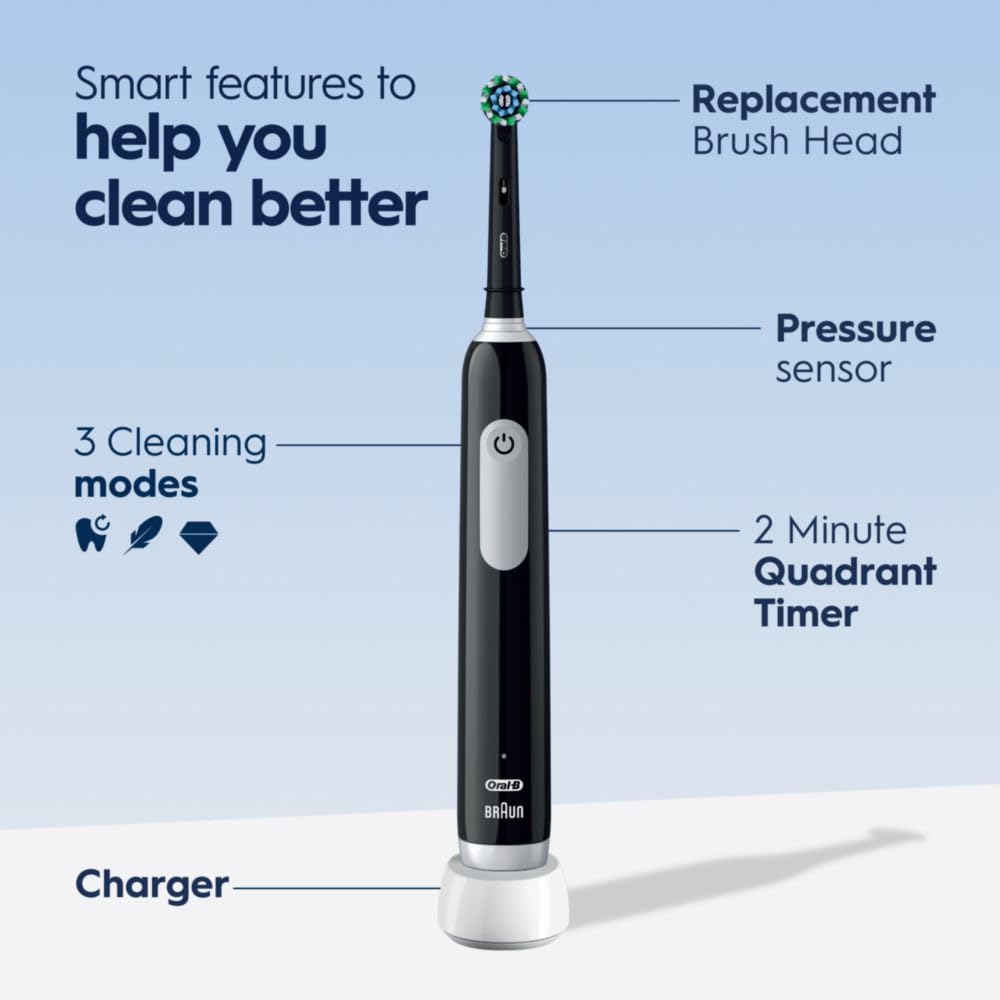 Black Oral-B Pro 1000 rechargeable electric toothbrush with brush head and handle, designed for effective oral cleaning.