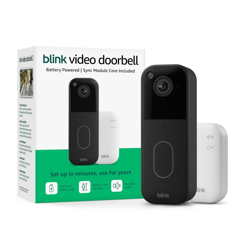 Old World Hub Blink Video Doorbell in black showing head-to-toe HD view with sleek design and simple setup.