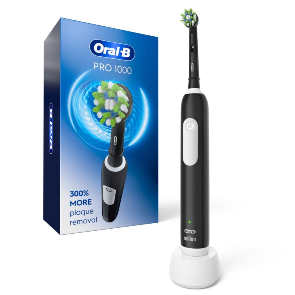 Black Oral-B Pro 1000 rechargeable electric toothbrush with ergonomic handle and cleaning brush head.