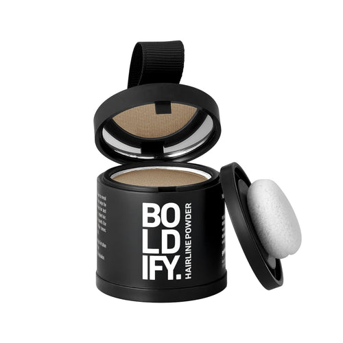 Old World Hub BOLDIFY hairline powder for root touch-up, conceals gray roots and bald spots, dark brown, stain-proof, long-lasting.